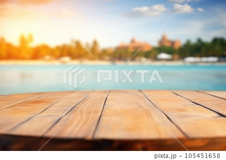 The empty wooden table top with blur background of Thailand beach. Exuberant. 105451658