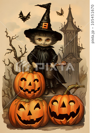 猫になりきった魔女のハロウィンポストカード用画像、AI生成画像 105451670