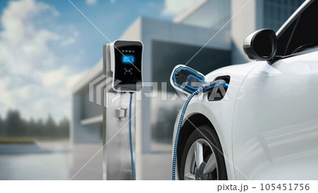 Electric car recharge to charging station with future building. Peruse 105451756
