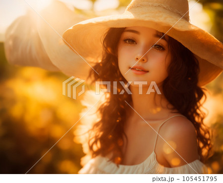 夕日に照らされる麦わら帽子をかぶったの女性　AI画像 105451795