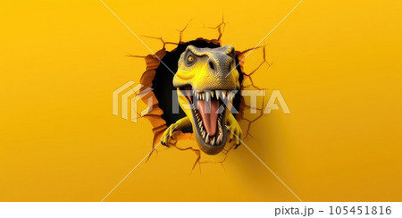 Cute T-Rex peeking out of a hole in wall, torn hole, empty copy space frame, mockup. Generative AI weber. 105451816
