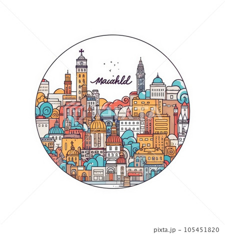 A circle shape frame with center space of Madrid city skyline in simple doodle color cartoon style. Generative AI AIG32 105451820