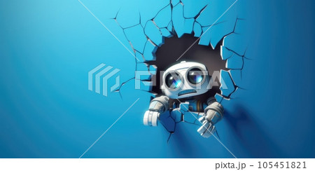 Cute Robot toy peeking out of a hole in wall, torn hole, empty copy space frame, mockup. Generative AI weber. 105451821
