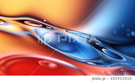 The close up of a glossy liquid surface abstract in red, yellow, and blue colors with a soft focus. Exuberant 3D illustration. 105452010