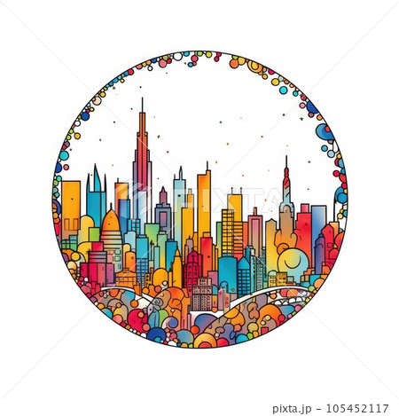 A circle shape frame with center space of Barcelona city skyline in simple doodle color cartoon style. Generative AI AIG32 105452117