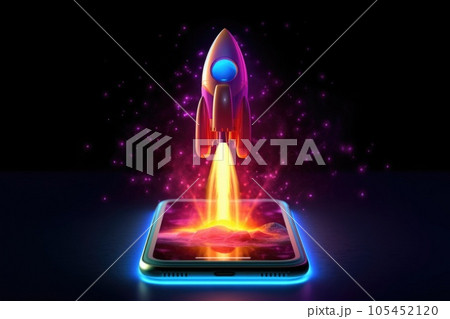 Rocket coming out of smartphone screen , neon light. generative ai AIG32 105452120