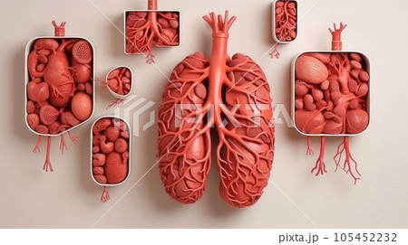 3D illustration of the human organ systems, Human internal organs. Anatomy. Nervous, circulatory, digestive, excretory, urinary,and bone systems. Medical education concept, Generative AI illustration 105452232
