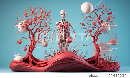 3D illustration of the human organ systems, Human internal organs. Anatomy. Nervous, circulatory, digestive, excretory, urinary,and bone systems. Medical education concept, Generative AI illustration 105452233