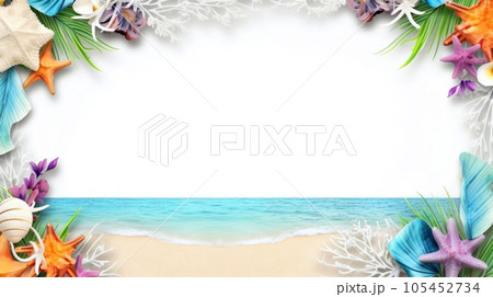 Sea elements card template, beach background design with border frame for template. composition with copy-space, Generative AI illustration 105452734