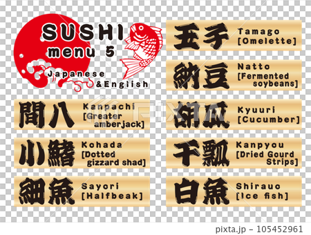 Sushi wooden plate menu set Japanese & English 5 Sushi wooden plate menu set Japanese & English 5 105452961
