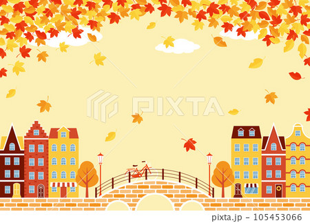 紅葉が舞う秋の街並みの背景イラスト 105453066