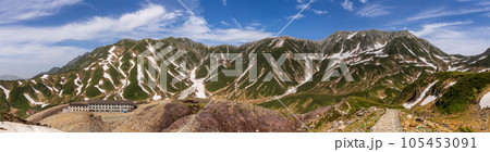 立山登山道みくりが池付近から立山連峰を臨むパノラマ写真 105453091