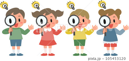 虫メガネをのぞいて発見があった子供のイラストセット 105453120