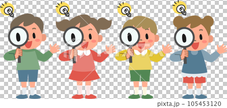 虫メガネをのぞいて発見があった子供のイラストセット 105453120