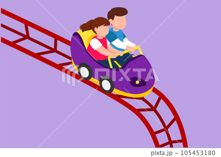 Cartoon flat style drawing kids on rollercoaster rides. Cute little boy and girl riding fast at amusement rides, happy laughing or excited scared on amusement park. Graphic design vector illustration 105453180