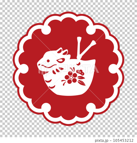 雪の輪文様に辰の置き物（赤）のイラスト 105453212