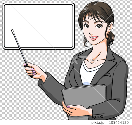 ファイルを片手に笑顔で説明・案内してくれるスーツ姿の若い女性_汎用大 105454120