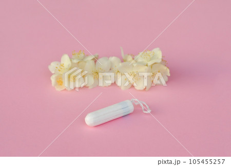 Women's and gynecological health care. Menstrual cycle. Hygiene care during critical days. Tampon woman Clean and safe Menstruation, means of protection. 105455257