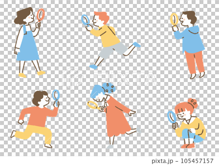 虫眼鏡を持って何かを調査している子ども_セット_色 105457157