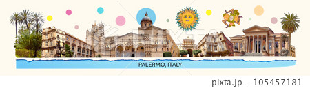 Palermo, Italy postcard - travel place landmark photo collage. 105457181