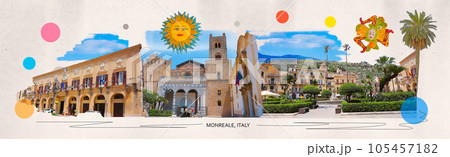 The contrmporary art collage or design about historic center of Monreale, near Palermo 105457182