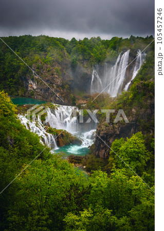 Picturesque waterfalls in the green forest, Plitvice lakes, Croatia Picturesque waterfalls in the green forest, Plitvice lakes, Croatia 105457246