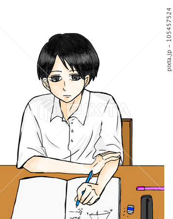 勉強をする男の子のイラスト。受験勉強、宿題をする男子生徒の絵 勉強をする男の子のイラスト。受験勉強、宿題をする男子生徒の絵 105457524