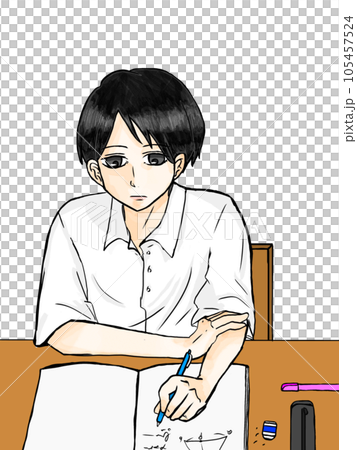 勉強をする男の子のイラスト。受験勉強、宿題をする男子生徒の絵 勉強をする男の子のイラスト。受験勉強、宿題をする男子生徒の絵 105457524