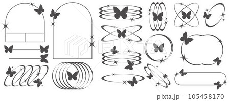 Aesthetic frames and shapes with butterflies. Minimal y2k outline graphic design with sparkles. Abstract minimalistic arches borders. Trendy boho geometric templates set. Vector illustration. 105458170