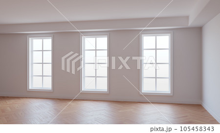 Interior with White Walls, Three Large Windows, Light Glossy Herringbone Parquet Floor and a white Plinth. Beautiful Unfurnished Concept of the Room. 3D Illustration, Ultra HD 8K, 7680x4320, 300 dpi Interior with White Walls, Three Large Windows, Light Glossy Herringbone Parquet Floor and a white Plinth. Beautiful Unfurnished Concept of the Room. 3D Illustration, Ultra HD 8K, 7680x4320, 300 dpi 105458343