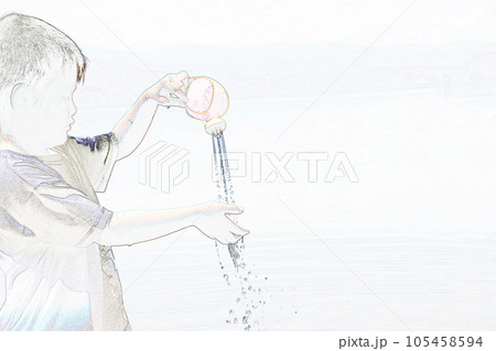 パステル調　”おもちゃのジョウロで水遊びする男の子”　イラストイメージ 105458594
