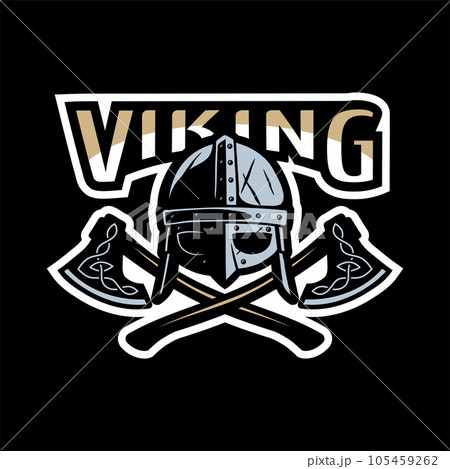 Viking helmet and two axes on a dark background. Vector illustration. Viking helmet and two axes on a dark background. Vector illustration. 105459262