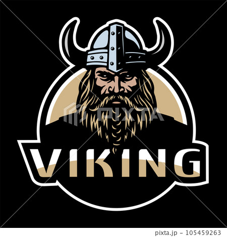 Viking warrior in a helmet with horns on a dark background. Vector illustration. Viking warrior in a helmet with horns on a dark background. Vector illustration. 105459263