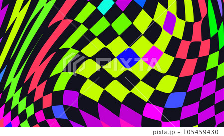 Distorted twisted checkered background. Trippy strip psychedelic pattern. 105459430