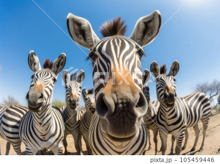 Animal wildlife group of zebras in savannah under blue sky, GoPro shot .... Animal wildlife group of zebras in savannah under blue sky, GoPro shot .... 105459446