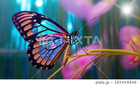 macro Photo of Queen Alexandra Birdwing Butterfly on colourful natural background 105459448