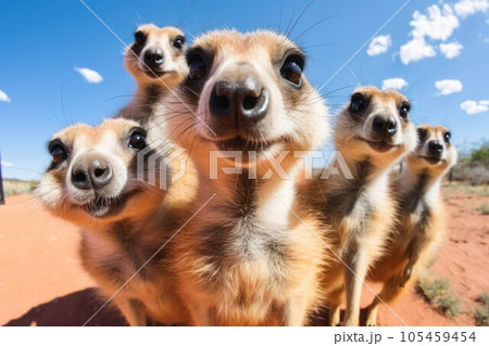 Curious Meerkats group with Happy Expressions Looking at GoPro Camera in the Savanna 105459454