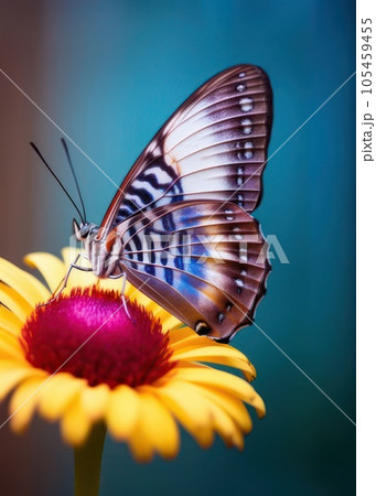 macro Photo of Blue Clipper Butterfly in single flower, vertical composition 105459455