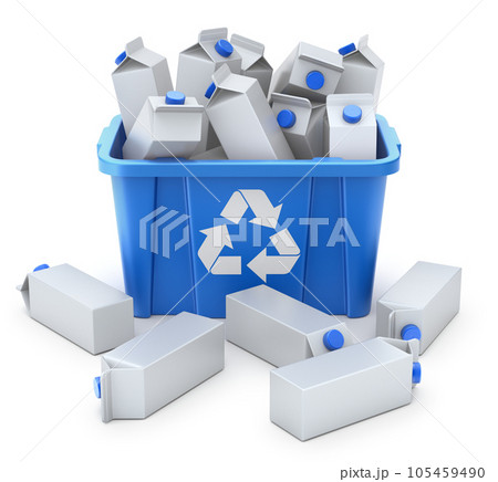 Juice carton boxes in blue recycle crate on white background- 3D illustration 105459490