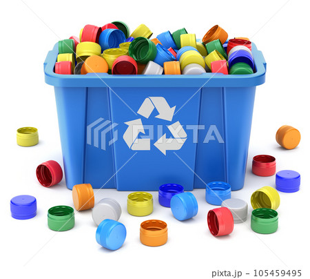 PET bottle caps in blue recycle crate on white background - 3D illustration 105459495