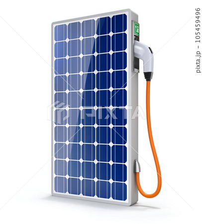 Solar panel car charging station with the power cable and plug - 3D illustration Solar panel car charging station with the power cable and plug - 3D illustration 105459496