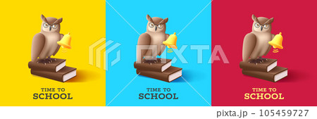 Education leaflets or flyers with owl in glasses sitting on books with bell ringing, back to school, 3d illustration 105459727