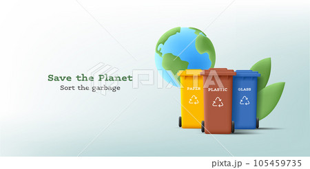 3d illustration of recycling trash cans with planet and green leaves, paper glass and plastic sorting poster, eco tendency 105459735
