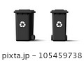 Garbage black trash cans, waste recycle bins. 3d illustration of street container with wheels front and side view with lid 105459738