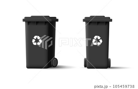 Garbage black trash cans, waste recycle bins. 3d illustration of street container with wheels front and side view with lid 105459738
