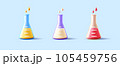 Laboratory equipment set of glass triangle beackers with coloured liquid, 3d render icon, poison or medicine 105459756