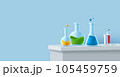 Laboratory table with glass beackers of different shapes and with coloured liquid, 3d render icon 105459759