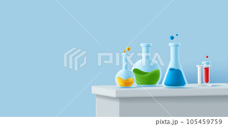 Laboratory table with glass beackers of different shapes and with coloured liquid, 3d render icon 105459759