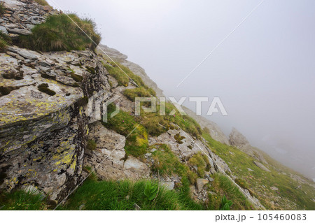 danger and beauty if romanian carpathians. rocky steep slopes in mist. overcast sky 105460083