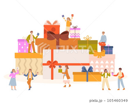 Promo gifts concept, surprise and rewards. Sale offers, benefits for referral customer and card holders. Happy people with boxes snugly vector scene 105460349